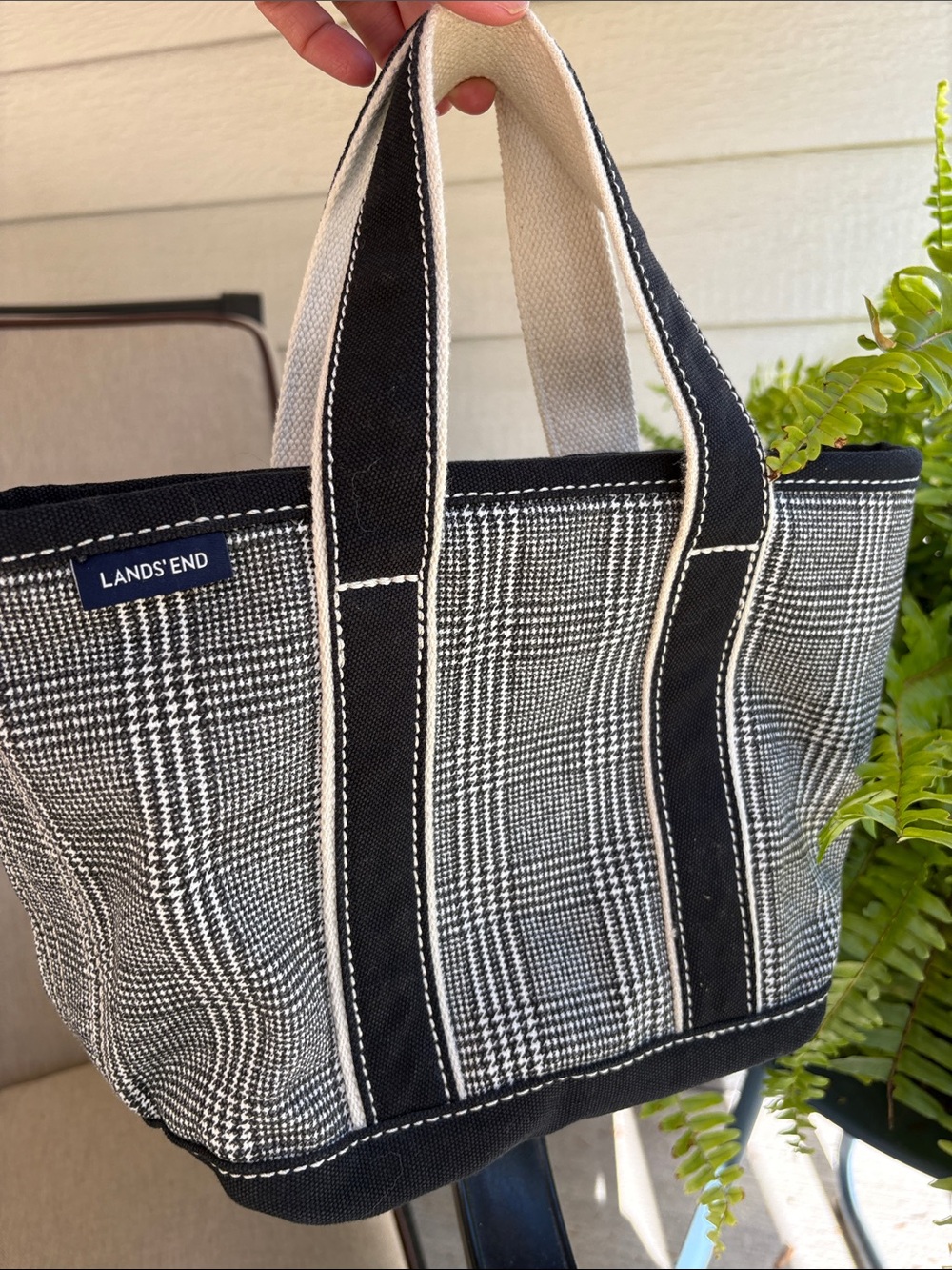 Lands' End Black and Cream Plaid Canvas boat & Tote bag